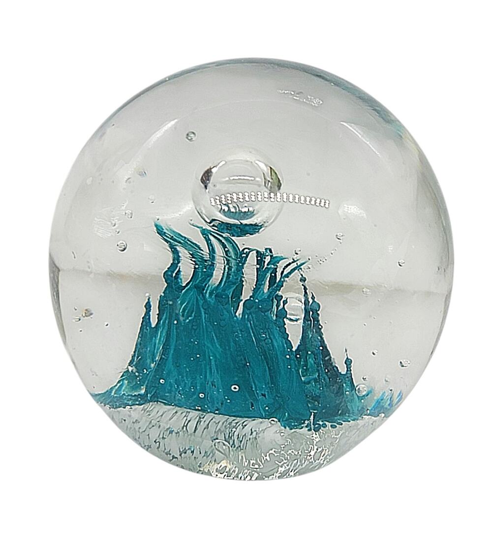 Vtg Caithness Art Glass Seafoam Paperweight Blue Turquoise Wave Bubbles 2.5"